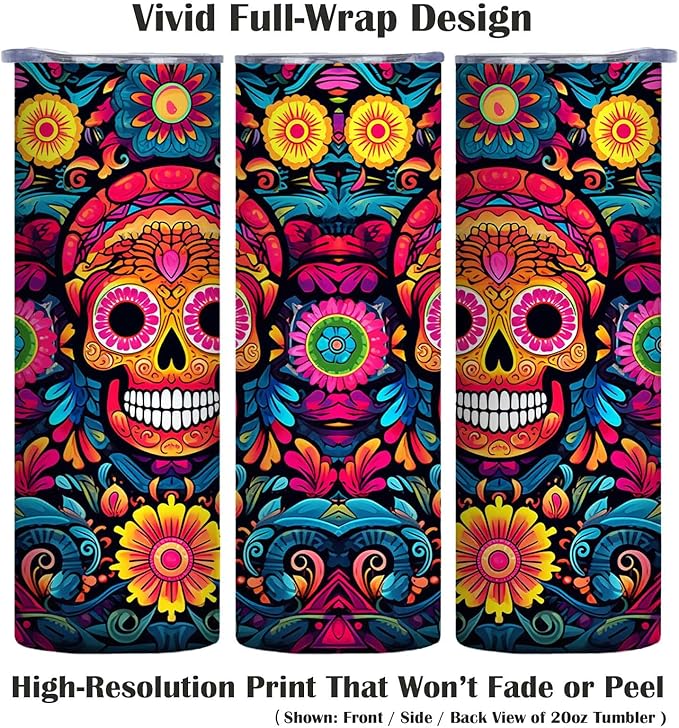 Firmiso 20 oz Tumbler｜Skinny Insulated Travel Mug｜Sugar Skull Floral Stainless Steel Cup with Leak Proof Lid and Telescopic Straw｜Colorful Gothic Boho Drinkware｜Gift Idea for Women Men