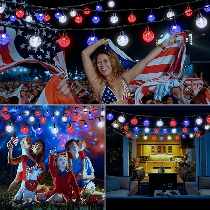 Joomer 4th of July Red White Blue Solar String Lights,39FT 60LED Waterproof with 8 Lighting Modes Patio Lights for Independence Day Garden Yard Gazebo Party