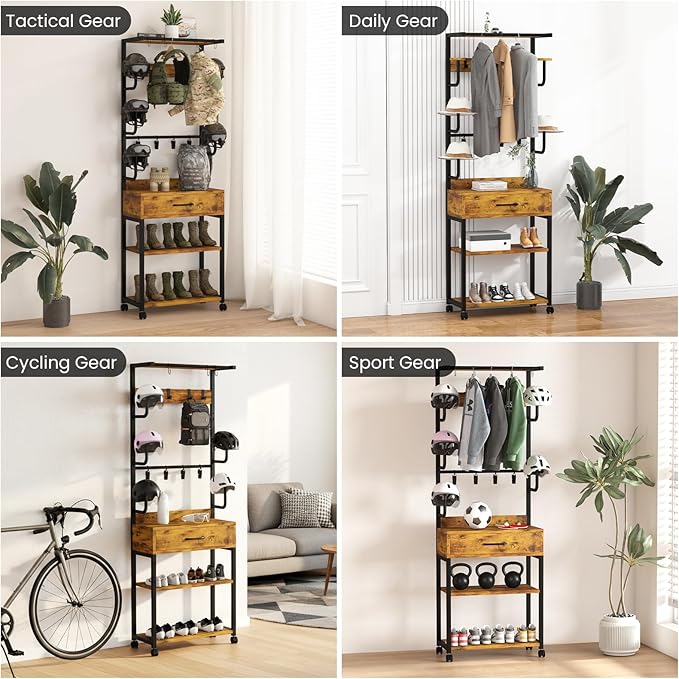 Kikihouse Freestanding Floor Mounted Helmet & Gear Storage Rack, Adjustable Organizer with Glove Clips, Hooks, Drawer & Shoe Shelf for Motorcycle, Cycling, Skiing Equipment