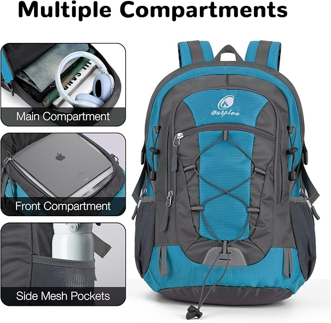 25L Small Hiking Backpack with Chest Strap for Men Women, Waterproof Travel Backpack Day Pack, Lightweight Padded Hiking Daypacks for Camping Traveling Outdoor Sports, Lake Blue