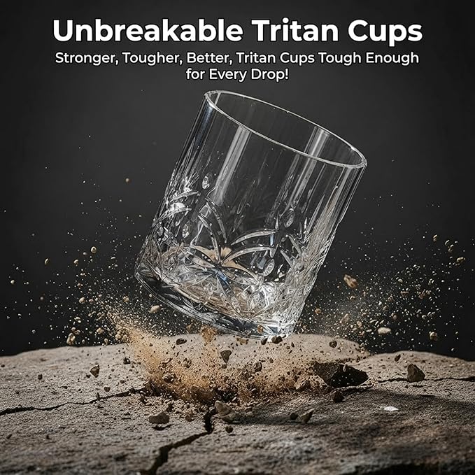 BELLAFORTE Tritan Plastic Whiskey Glasses Set of 4, 13oz Unbreakable Wine Glasses, Shatterproof Crystal Cut Drinking Glasses for Old Fashioned, Cocktails - BPA Free - Dishwasher Safe - Clear