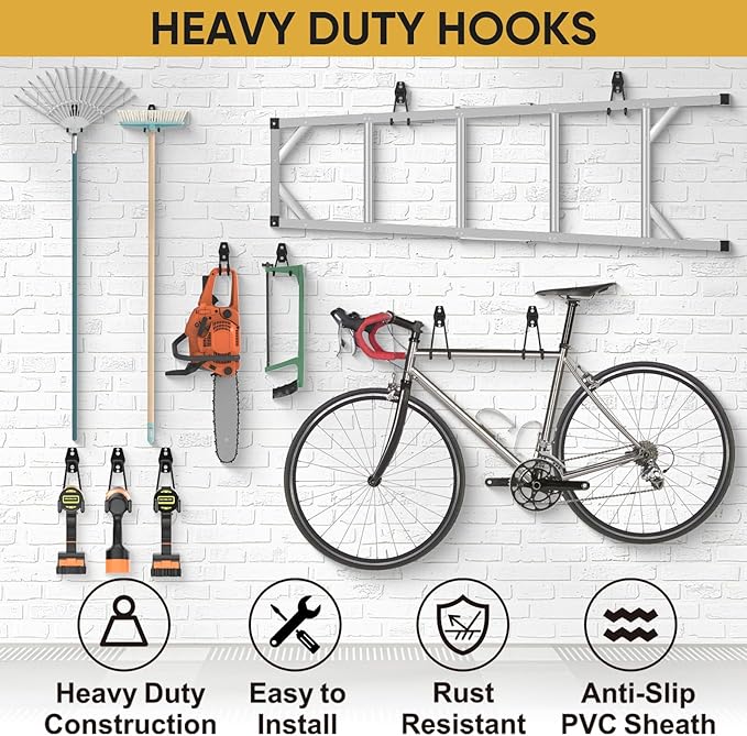 TICONN 2 Pack Heavy Duty Garage Hooks, Steel Utility Wall Storage Hooks, Wall Mount Hanger Organizer for Ladders, Bikes, Tools, Bulky Items (Small, Yellow Square)