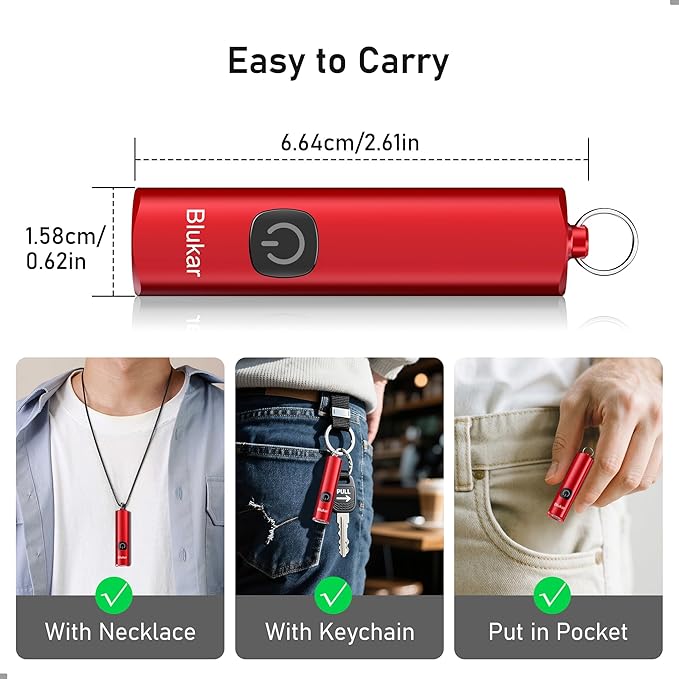 Blukar Rechargeable EDC Flashlight, Mini Keychain Flash Light with 3 Lighting Modes, Memory Function, Waterproof, Compact and Portable Pocket Light for Everyday Carry, Emergency,Camping-Red