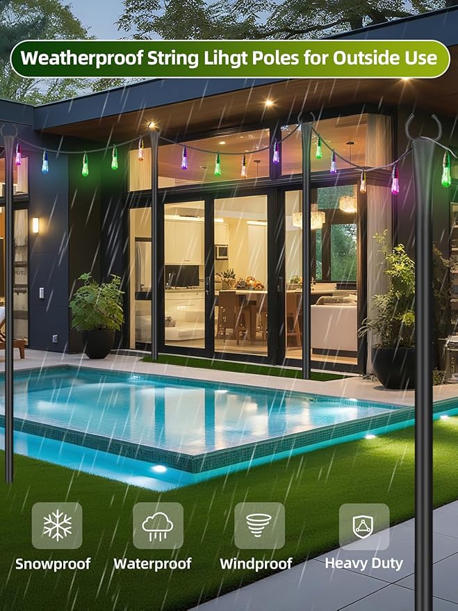 String Light Poles for Outside 4 Pack, 10ft Metal Outdoor String Light Poles for Deck - Ideal for Patio, Garden, Yard, Front Porch Decorations, Black