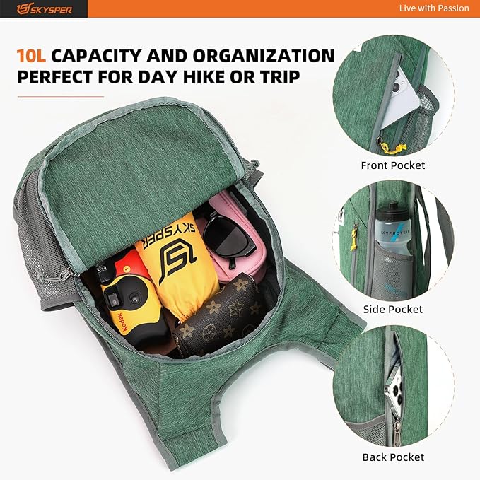 SKYSPER 10L Hiking Backpack Small Hiking Daypack Packable Lightweight Travel Day Pack for Women Men(Green)