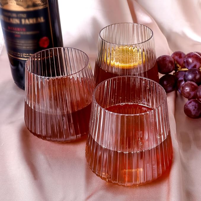 Lueumxc 20 Pack Plastic Ribbed Wine Glasses, 14Oz Origami Disposable Wine Glasses Unbreakable Clear Plastic Cocktail Glasses Recyclable Shatterproof Reusable Wine Cups
