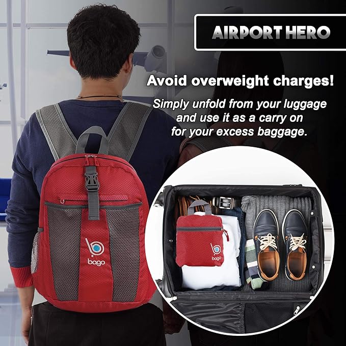 Bago Lightweight Small Hiking Backpack for Women and Men - 25L Travel Day Pack - Foldable Hiking Daypack Ultralight for Camping Outdoor Sports - Day Bag Packable Backpack for Travel (Red)
