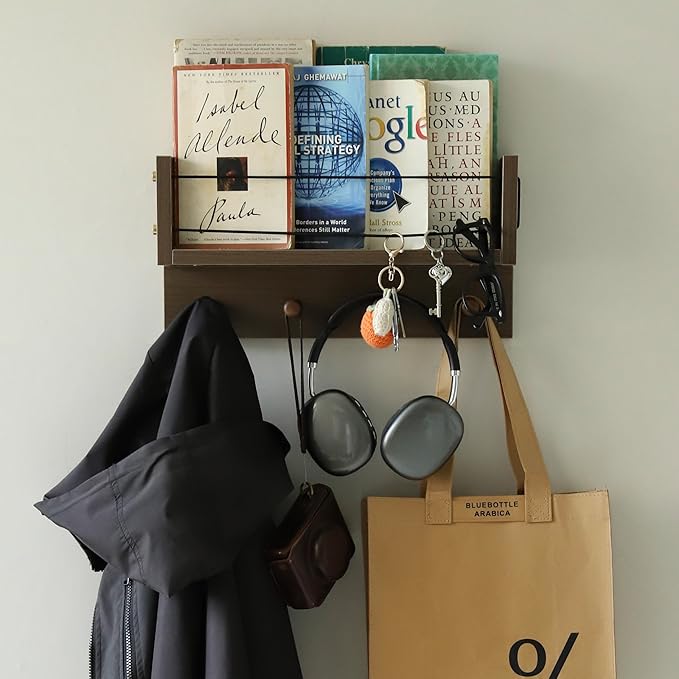Entrance Coat Rack ，Coat Hooks, Wall-Mounted Wooden Hook Rack, Wall-Mounted Shelves are Very Suitable (Walnut Color Finish-B-1)