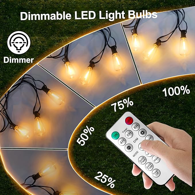 BLIATLUS 120FT Solar String Lights Outdoor Waterproof with Remote Control Solar Patio Lights 30+2 shatterproof LED ST38 Bulbs for Porch Garden Market Bistro Patio Backyard Fence