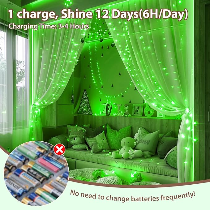 HXWEIYE Rechargeable Fairy Lights with Remote & DIY Timer, 33ft 100LED Battery Operated Twinkle String Lights, 8 Modes Decor Light for Bedroom Indoor Wedding Dorm Christmas Tree Party (Green)