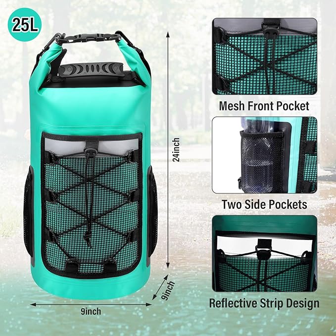 Pimoys Dry Bag, 25L Waterproof Backpack, Dry Bags Kayak for Women Men, Roll Top Outdoor Travel Bag for Boating, Kayaking, Fishing, Hiking, Rafting(Lake Blue)