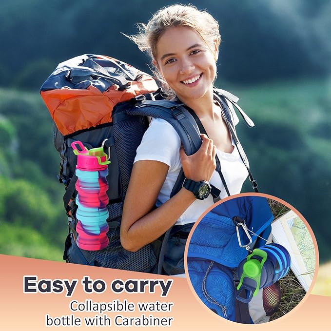 Sunnyray 14 Pack Collapsible Water Bottles Travel 17oz Silicone Portable Foldable Bottles Leak Proof Reusable Sports Cups with Clip for Camping Hiking Cycling Outdoor(Dark Color)