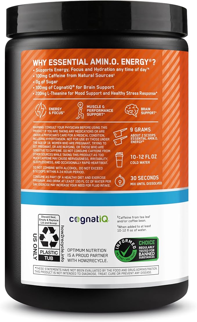 Optimum Nutrition Amino Energy Powder Plus Hydration, with BCAA, Electrolytes, and Caffeine, Tangerine Wave, 30 Servings (Packaging May Vary)