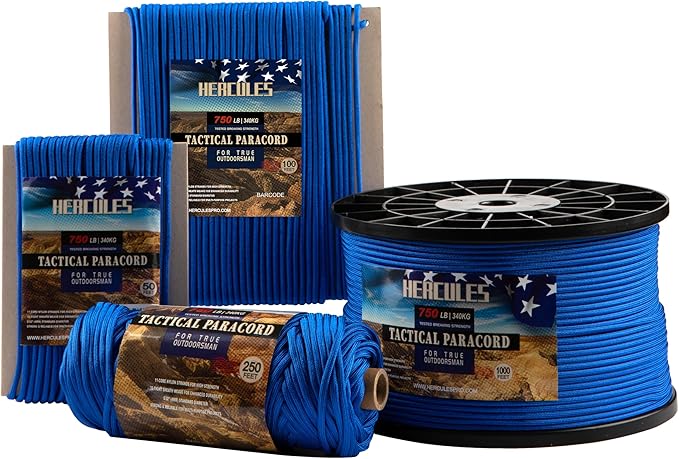 HERCULES 750lb Paracord 4mm 11 Strands Tactical Parachute Cord, 50' 100' 250' 1000' Utility Rope for Camping, Survival, Outdoor Gear (Royal Blue, 1000FT)
