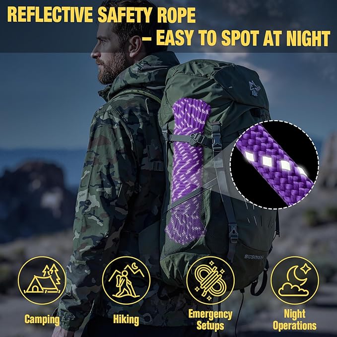 Reflective Paracord Rope 750 lb - 1000ft 5/32" Parachute Cord 4MM 12-Strand para Cord - Heavy Duty Spool String for Survival,Camping Gear, Survival Bracelet, Clothesline - Purple