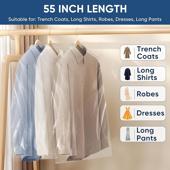 50 Pack 23.6"x55" Garment Bags for Hanging Clothes, Thick Clear Plastic Dry Cleaning Covers for Closet Storage & Travel