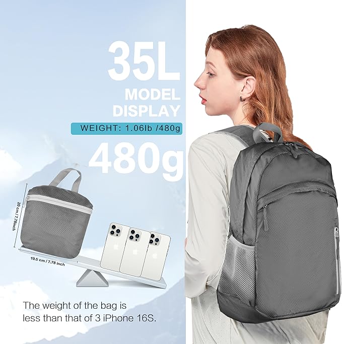 Waterproof Foldable Backpack Dry Storage Lightweight Daypack 35L Outdoor Backpack for Beach Men Women Grey