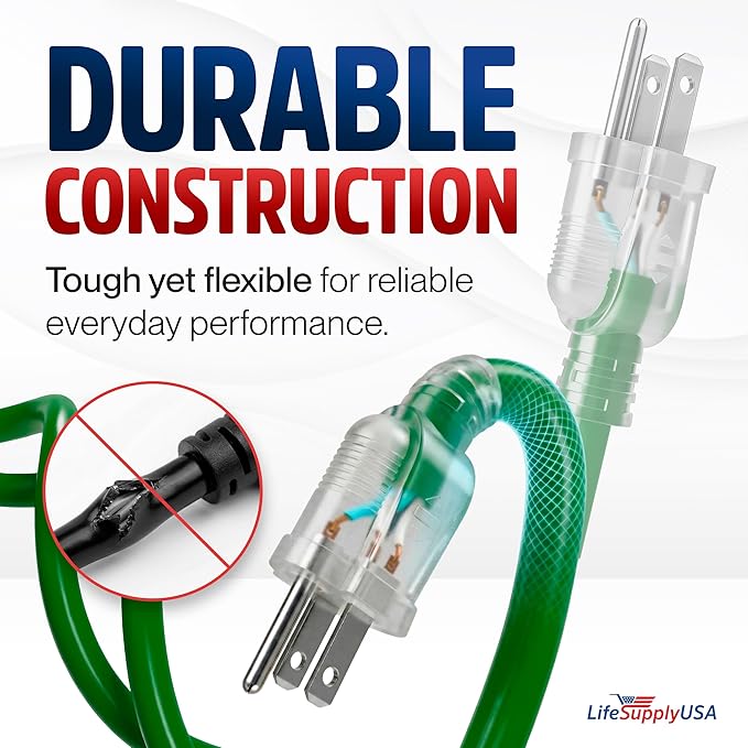6ft Outdoor/Indoor Extension Cord 16/3 Gauge Heavy Duty 3 Prong SJTW, Waterproof, Flexible Cold-Resistant Long Power Cord,13A 125V 1625W, Green by LifeSupplyUSA