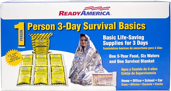 Ready America The Survival Box, 1-Person, 3-Day Emergency Kit Includes 5 Year Emergency Food, Water, Emergency Blanket Portable Disaster Preparedness Go-Bag for Earthquake, Fire, Flood, Hurricane