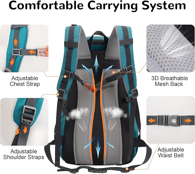 30L Skateboard Backpack for Men Women, Waterproof Hiking Backpack with Chest Strap for Camping Hunting, Lightweight Casual Travel Daypack for Skateboard Sport Outdoor, Blue