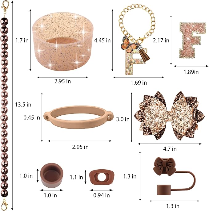 9PCS Brown for Stanley Cup Accessories Set Bling Initials Bow Charms for Stanley Decorations 30/40 Oz Tumbler Accessories Including Bow Straw Topper, Handle Strap, Spill Stopper（Letter F）