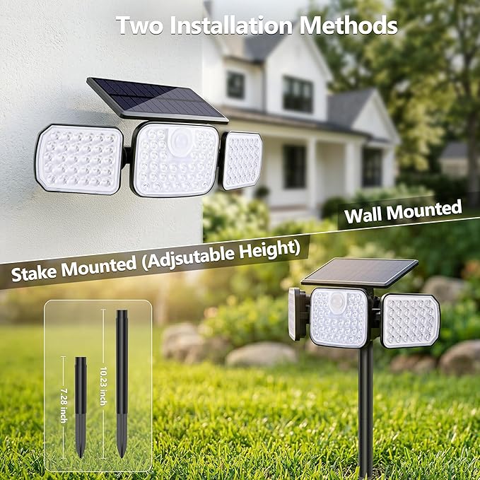 BrizLabs Solar Outdoor Lights, 3 Modes Motion Sensor LED Security Lights with Remote, 3 Head 360° Wide Angle Flood Wall Light, Dual Mount IP65 Waterproof Outdoor Lighting for Garage Patio Yard, 2 Pack