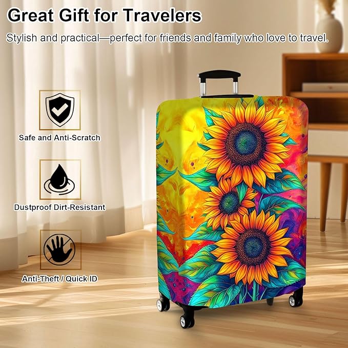 Luggage Cover Protector for 22-24 Inch Suitcases, TSA Approved Elastic Travel Suitcase Covers, Anti-Scratch Washable Luggage Sleeve for Carry On & Checked Bags, Three Sunflowers