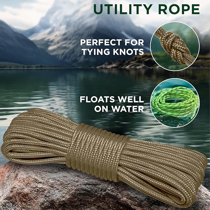 TECEUM Rope – 150 Feet x 1/4 Inch (7mm) – Coyote Brown – Strong All-Purpose Utility Rope – Camping, Crafting, Flag Pole, Indoor & Outdoor – Polypropylene Nylon Poly Lightweight Diamond Braided Cord
