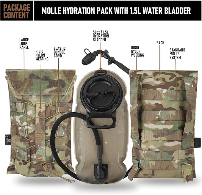 PETAC GEAR 1.5L / 3L Tactical Hydration Pack，Molle Carrier Pouch for 50 oz /100 oz Hydration Bladder Daypack Water Backpack.