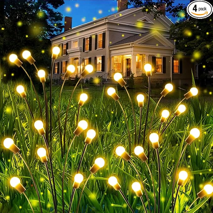 OZS 4 Pack Total 32 LED Solar Garden Lights Fairy Outdoor - Solar Firefly Lights Outdoor, Sway by Wind, Waterproof for Garden Patio Pathway Fairy Decoration (Warm White)