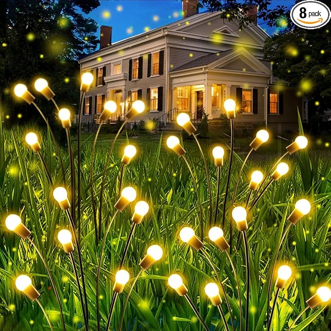 OZS 8 Pack Total 64 LED Solar Firefly Lights Fairy Outdoor - Solar Garden Lights Outdoor, Sway by Wind, Waterproof for Garden Patio Pathway Fairy Decor (Warm White)