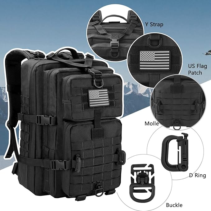 Hannibal Tactical MOLLE Assault Backpack, Tactical Backpack Military Army Camping Rucksack, 3-Day Pack, D-Rings, Black with Gray Patch