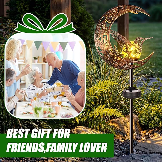 VIHOSE Solar Hummingbird Outdoor Lights Waterproof Moon Garden Stake Lights Warm White LED Decorative Pathway Lighting for Yard, Lawn, Gifts for Mom, Women & Gardening Lovers
