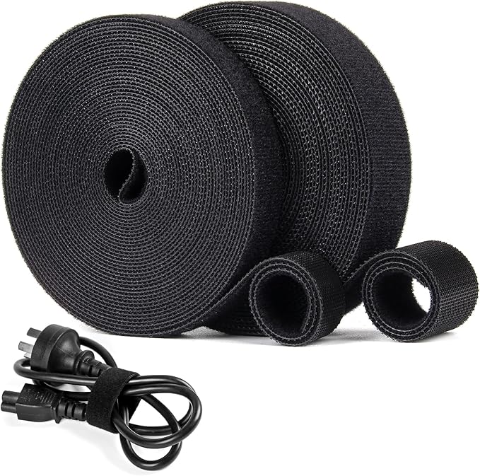 OneLeaf Fastening Cable Management Roll, Reusable Multi-Purpose Cords Management, Double Sided Hook and Loop Cable Ties Roll，Cut to Length Straps, Black Heavy Duty Wire Management