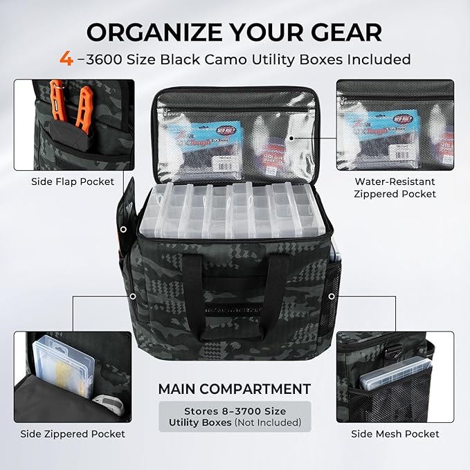 KastKing BaitSpace Fishing Tackle Bag With 4 Tackle Boxes & Removable Bait Binder, Water-Resistant Tackle Storage, Durable Fishing Gear, Adjustable Shoulder Strap