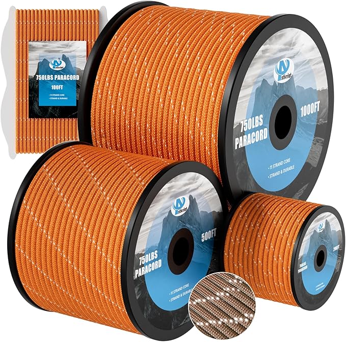 750Ib Reflective Paracord Rope,100' 200' 500' 1000', 4mm 11 Strand Parachute Spool Cord with Collecting Bag, para Cord Lanyard for Hammock, Camping