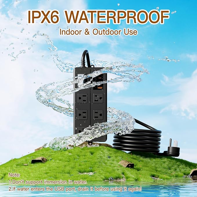 6FT Outdoor Waterproof Power Strip Surge Protector with 6AC Outlets 4USB Ports Power Switch Safety Lock, ETL Certified for Patio Garden Charging