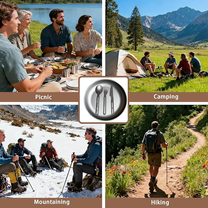 7.5Inch Titanium Plate With Knife Fork Spoon Set Of 4 - Ultralight For Backpacking, Hiking, Travel Dinnerware Easy Clean Compact