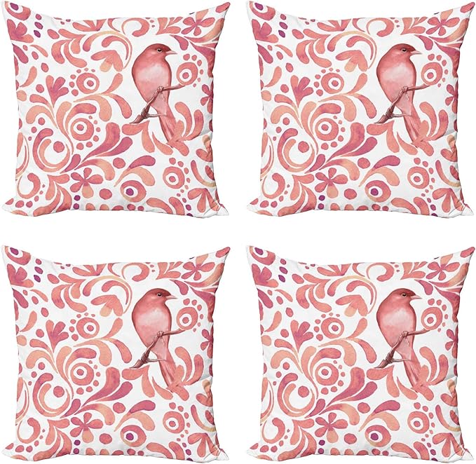 Ambesonne Watercolor Throw Pillow Cushion Case Pack of 4, Bird on Tree Branch Floral Swirls Curves Little Dots Wildlife, Modern Accent Double-Sided Digital Printing, 18", Rose White