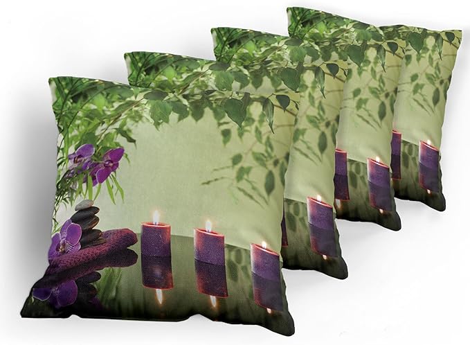 Ambesonne Spa Throw Pillow Cushion Case Pack of 4, Stones Aromatic Candles and Orchids Blooms Treatment Vacation, Modern Accent Double-Sided Digital Printing, 24", Green Purple