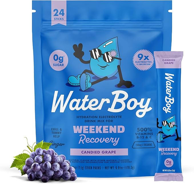 Waterboy Weekend Recovery | 3,187mg Electrolyte Powder Packets | Ginger + L-Theanine + Vitamins | No Sugar, All Natural, Gluten Free | 24 Drink Stick Mixes (Grape)