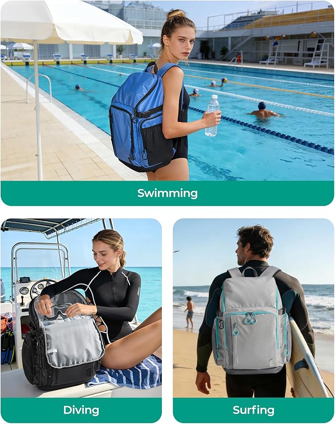 BAGSMART 2 Piece Swim Bag for Swimmers with Shoe Compartment, 35L Waterproof Swim Backpack for Men and Women, Swimming Sports Gym Bag