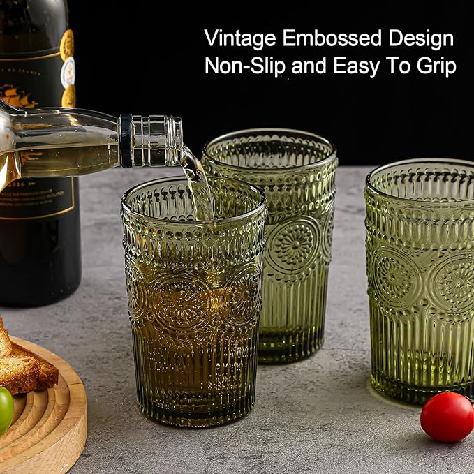 ZMOWIPDL Vintage Glassware Drinking Glasses Set of 6,13 oz Green Textured Flower Design Glass Water Tumblers，Embossed Striped Drinkware for Water,Cocktails,Juice,Iced Coffee