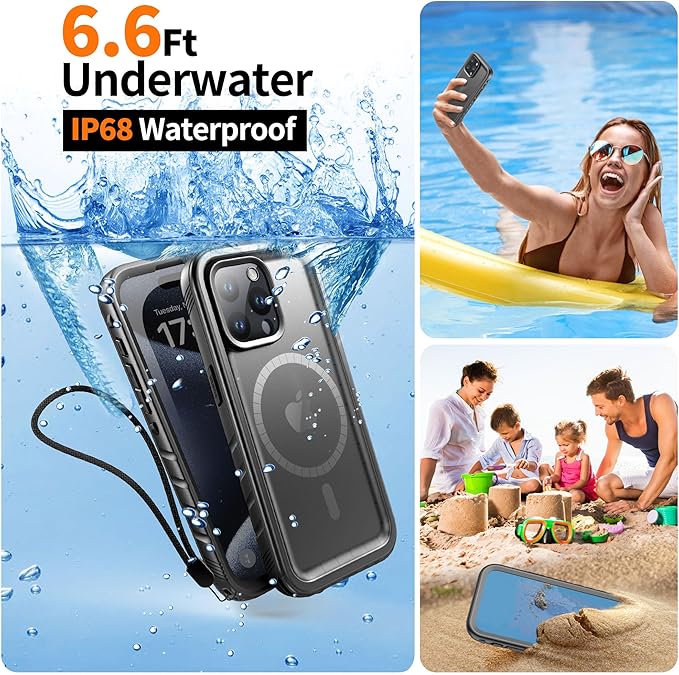Cozycase for iPhone 15 Pro Waterproof Shockproof Dustproof Case [Compatible with MagSafe] - Heavy Duty/360 Full Body/Military Grade/Rugged Built in Screen/Camera Protector with Lanyard Black