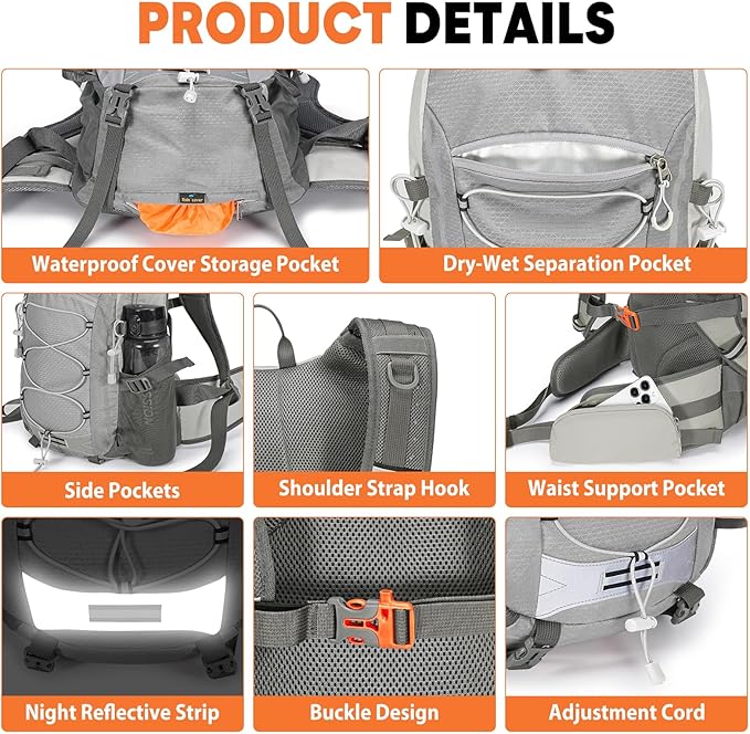 25L Hiking Backpack with Rain Cover Lightweight Hiking Daypack for Travel Camping Outdoors Knapsack for Men Women (Grey)
