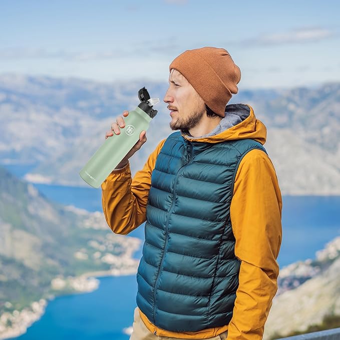 Han's Bottle Sports Water Bottle - 32 Oz, Straw Lid, Leak Proof, Vacuum Insulated Stainless Steel, Double Walled, Thermo Mug,Pine Green