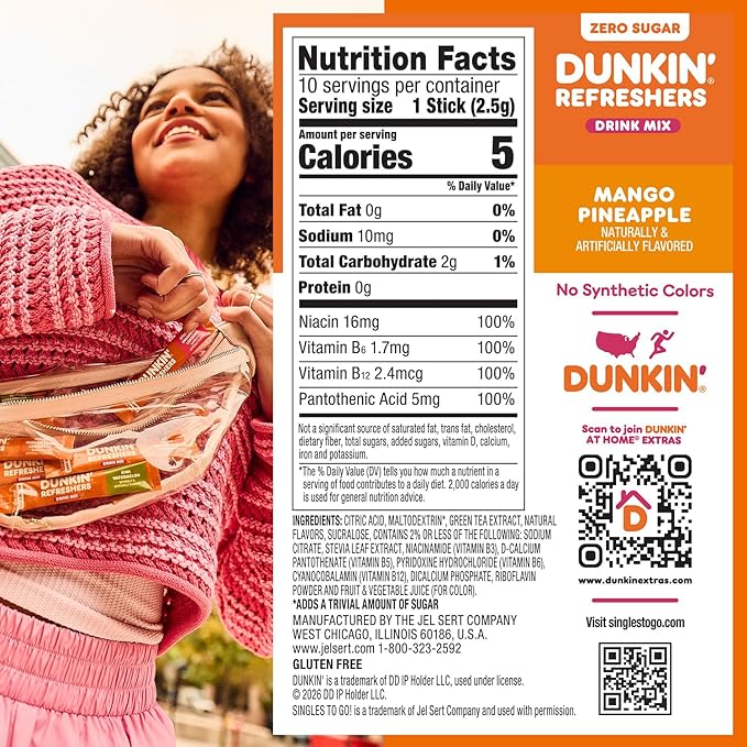 Dunkin’ Zero Sugar Refreshers Singles To Go! Powdered drink mix packets, Mango Pineapple,10 packets per box Energy from Green Tea, aspartame-free, no synthetic colors, naturally and artificially flavored, just add water