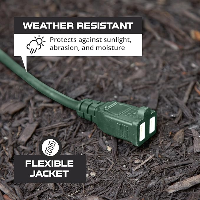 Iron Forge Cable Weatherproof Outdoor Extension Cord 25 ft, 13 Amp Green Extension Cord with 2 Prong Polarized Plug, SJTW 16 AWG Power Cable for Outdoor & Indoor Decorations - US Veteran Owned