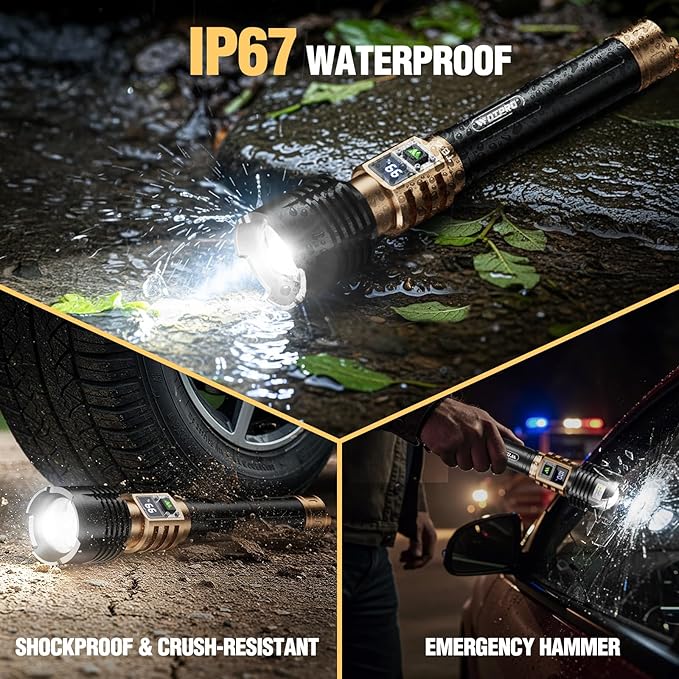 WdtPro Rechargeable LED Flashlights High Lumens, Super Bright 90000LM Rechargeable Flashlight with LCD Display, 5 Modes & Waterproof Powerful 10000mAh Handheld Flashlight for Camping Emergency Gold