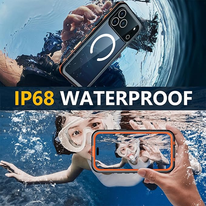 Red2Fire for iPhone 17 Pro Case Waterproof, [Built-in Screen Protector & Camera Protector][Compatible with MagSafe][Full Body Shockproof][IP68 Waterproof][Dustproof] Phone Case 6.3" Orange/Clear